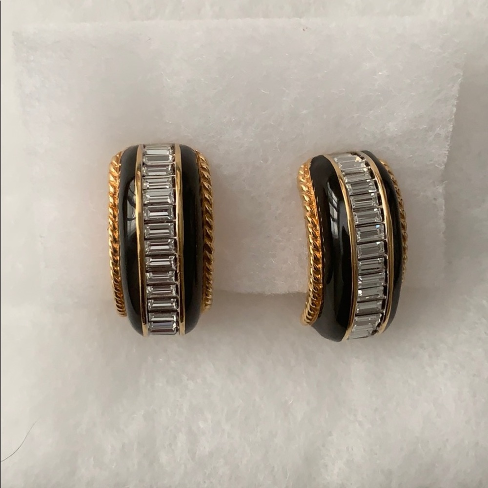 SAI Crystal and Black Enamel Gold Plated Earrings.